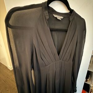 Black V-Neck Long Sleeve Pleated Dress